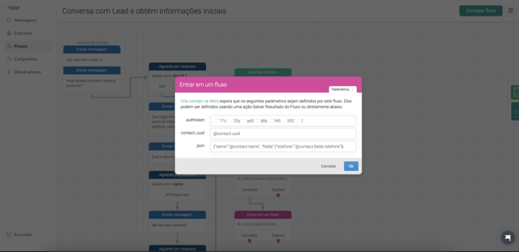 Parâmetros do subfluxo Cria Contato na Weni