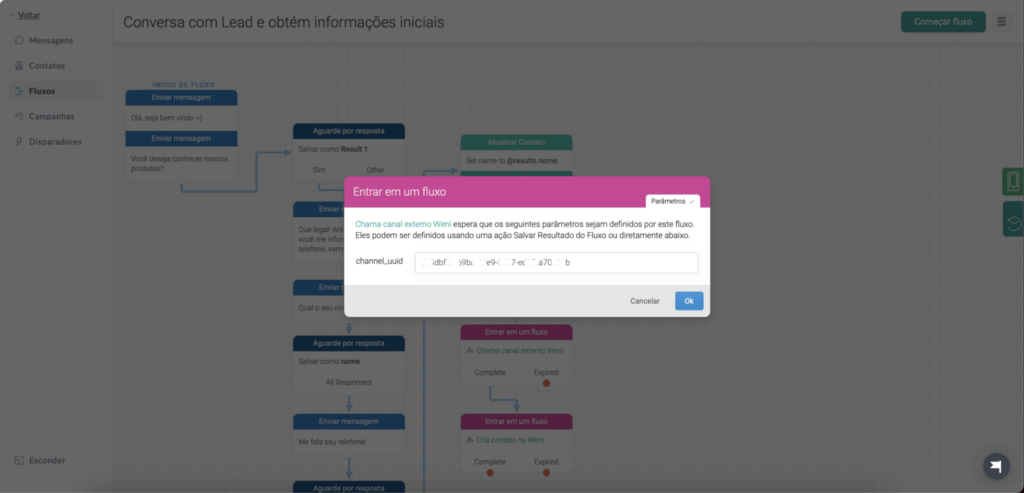 Passando o channel_uuid para o fluxo Chama canal externo Weni