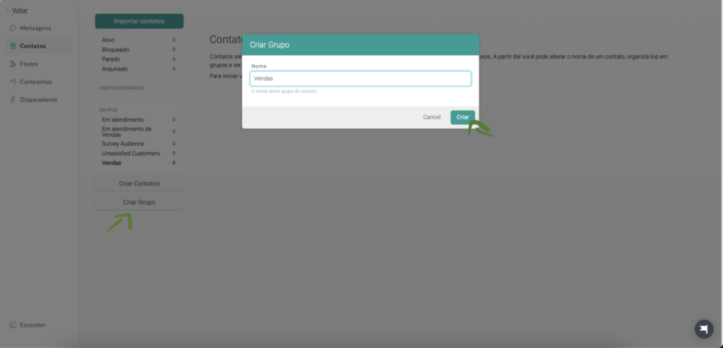 Criando grupo Vendas no projeto Marketing