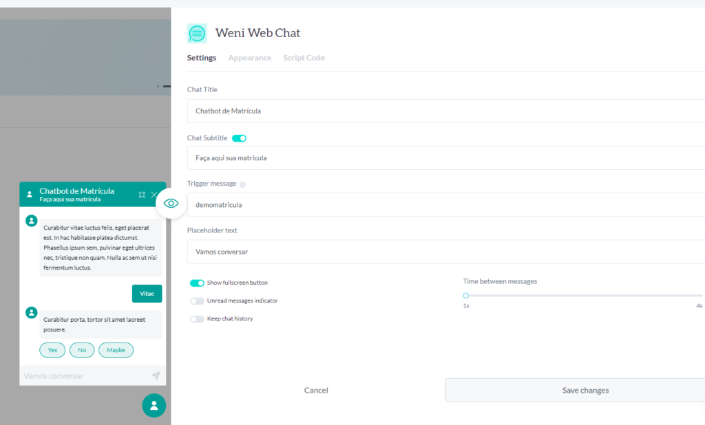 configuração web chat weni